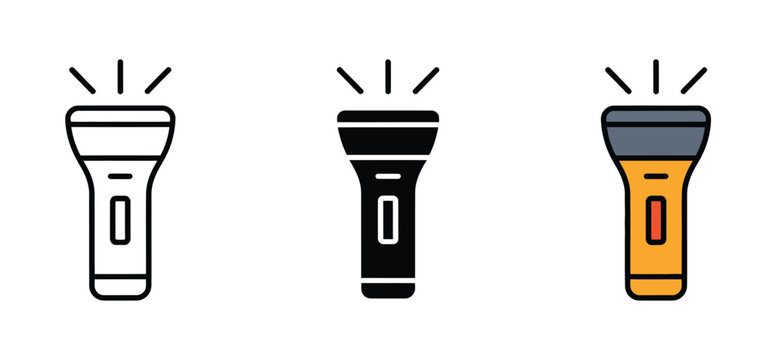 Portable electric flashlight and camping torch light icon set for outdoor adventure, emergency illumination, and searchlight equipment