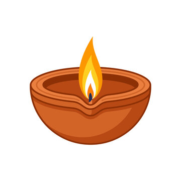 Illuminated clay diya flame in minimalist flat design style with rendered clean flat vector style warm earthy tones soft shadows showcases single clay