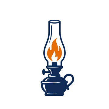 Minimalist flat vector illustration of classic oil lamp with lit flame with rendered clean blue orange color scheme against neutral background