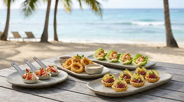 Assorted appetizers and fried calamari served on plates at a tropical beach resort restaurant. Beachside appetizers