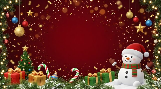Panoramic horizontal Christmas background featuring a smiling snowman, gift boxes, pine garlands, candy canes, and hanging decorations on a red sparkly backdrop with center copy space.