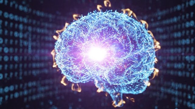 Digital brain structure glowing with neural data connections inside matrix.