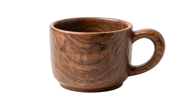 Rustic wooden coffee mug with natural grain texture, handcrafted dark wood tea cup, eco-friendly kitchenware for home cafe isolated PNG with Transparent Background