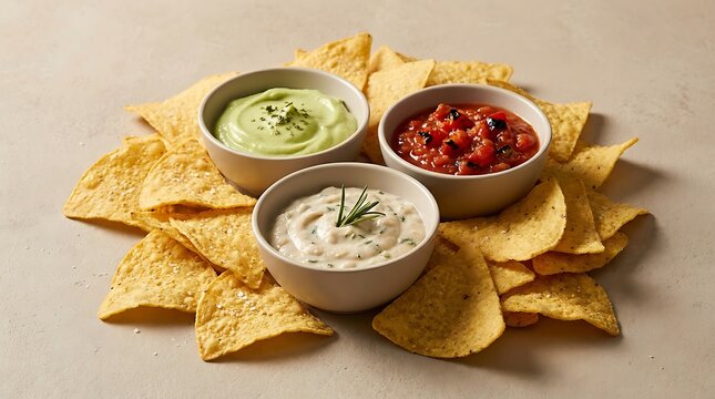 Crispy corn tortilla chips with bowls of fresh green guacamole and red salsa dip. Dip and chip pairings