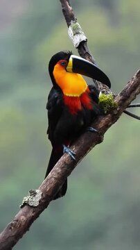 Curl Crested Aracari Toucan Perched on a Mossy Tree Branch in the Wild