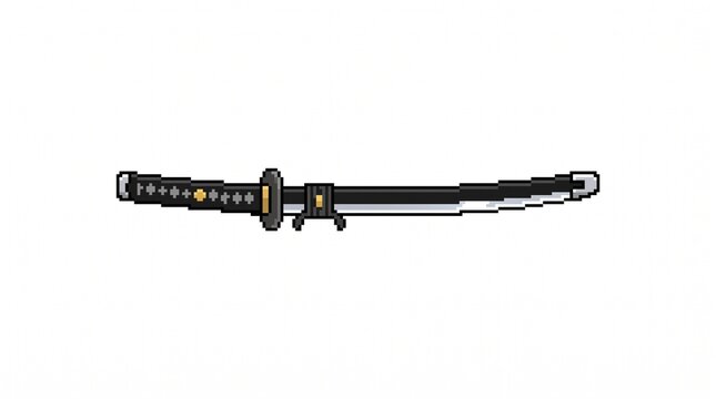 8-bit pixel art of a traditional Japanese katana samurai sword weapon game asset isolated on white.