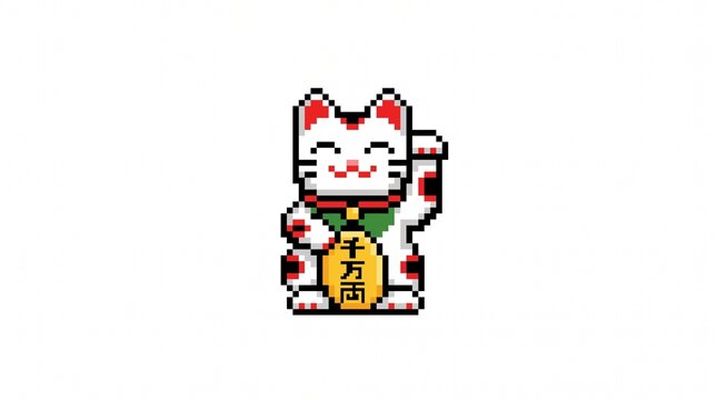 8-bit pixel art of a lucky Maneki Neko cat figure culture game asset isolated on white.