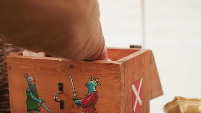Close view of hand lifting lid on small wooden toy box, revealing painted folk-style figures, white mark, carved interior, and warm handmade surface details with gentle visible movement