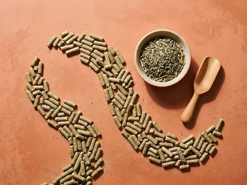 An organized arrangement of alfalfa pellet feed with a wooden scoop and a bowl of dried herbs on a rustic orange table