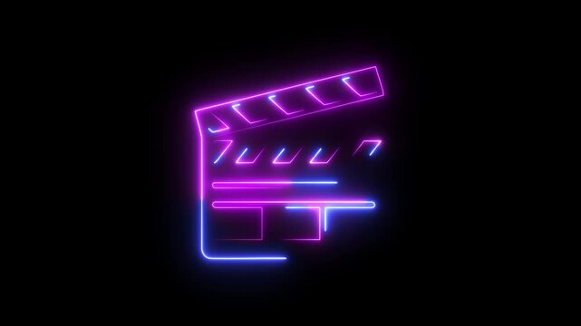 Neon glowing clapperboard icons animation for film production and cinema industry on black background