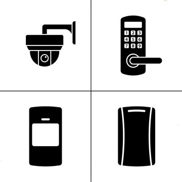 Professional security equipment icons including dome surveillance camera, digital door keypad, motion detector and proximity card reader