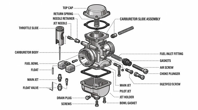 Exploded View Diagram of a Motorcycle Carburetor Assembly with Labeled Parts