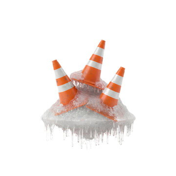 Three Orange Traffic Cones Frozen in a Block of Ice