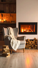 Obraz premium Cozy armchair fireplace blanket fire firewood book interior warmth relaxation living room creates peaceful winter reading corner with glowing candles and warm light