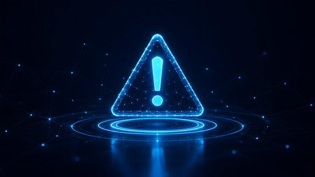 Cyber security alert concept with glowing neon warning triangle symbol on futuristic digital network background representing system error and danger