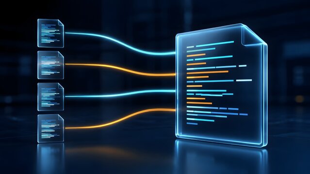 Digital document integration concept showing multiple holographic files streaming into centralized master data folder for information management