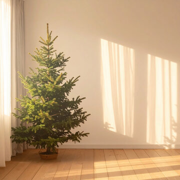 Christmas tree evergreen plant in bright empty room with warm sunlight, curtain shadow, wooden floor, and peaceful festive home interior atmosphere