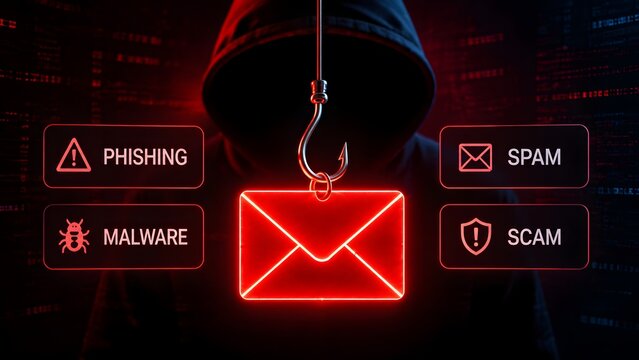 Cybercrime phishing scam concept with anonymous hacker using fishing hook to catch glowing red email envelope surrounded by malware warning signs
