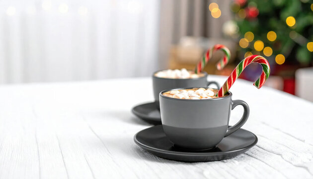 Hot chocolate, candy cane, Christmas tree, cup, saucer, white table