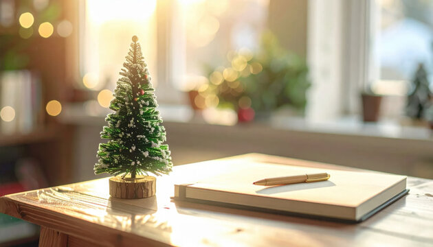 Miniature Christmas tree beside notebook and pencil on sunlit wooden table, creating warm festive workspace scene with soft holiday bokeh and seasonal atmosphere