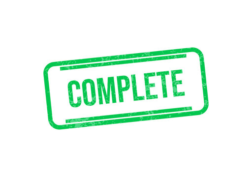 Green complete stamp with bold white text isolated on transparent background
