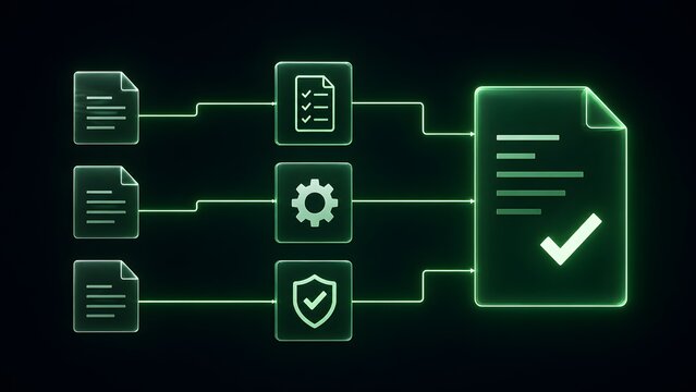 Workflow automation process diagram with glowing green neon document icons representing digital approval and compliance