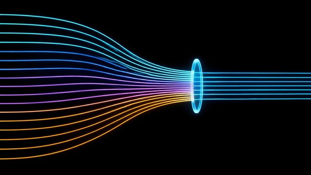 Optical fiber data compression concept with glowing neon lines passing through digital ring representing network speed