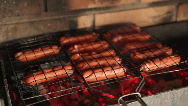 Multiple sausages sear and brown on stacked metal grill racks above glowing charcoal embers inside rustic brick cavity, with clear grill marks, light smoke, heat shimmer, and appetizing surface