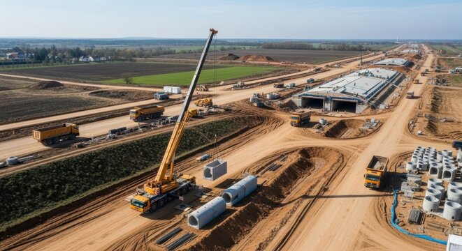Mobile crane strategically places large precast concrete pipes at a busy construction site during the daytime.