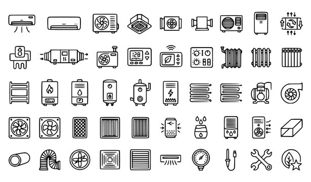 HVAC ventilation and air conditioning outline icon pack with heating cooling and climate control equipment