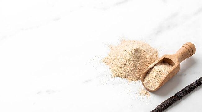 Clean minimalist product photograph of a small mound of fine pale tan vanilla powder on a smooth white marble surface, with a wooden measuring scoop resting beside it half-filled with powder. 