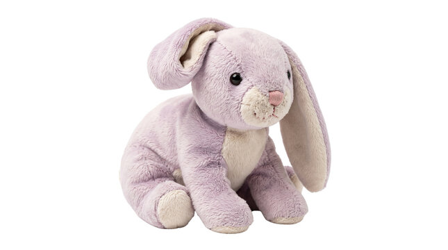 Purple plush bunny toy, soft stuffed animal rabbit on white background, cute lavender fabric hare for nursery decor and children gifts