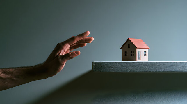Hand Reaching for House Model on High Shelf Symbolizing Unaffordable Home Ownership

