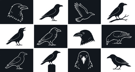 Naklejka premium Set of black and white crow and raven silhouette icons