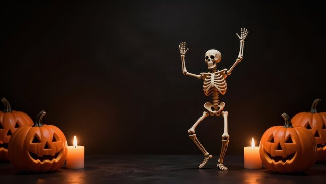 Skeleton dancing between glowing jack-o'-lanterns