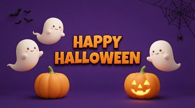 Happy halloween cute ghosts and pumpkins on purple