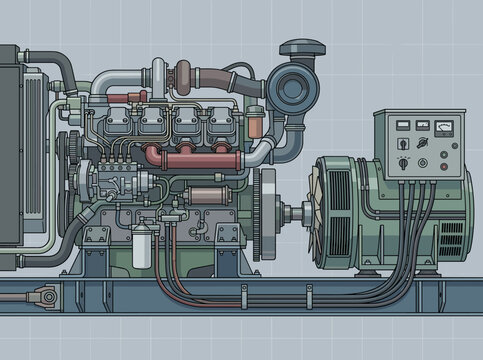 Technical vector illustration of a heavy-duty industrial diesel engine coupled with an electric generator, featuring components like the turbocharger, radiator, and control panel on a grid.