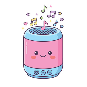 Cute pink portable speaker playing music with a happy face
