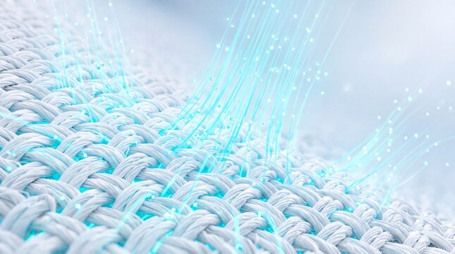 Macro 3D illustration of white woven fabric textile texture with glowing blue light rays showing breathable waterproof fiber technology for laundry detergent and skincare advertising