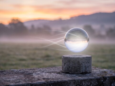 Glass Sphere Levitating Over Stone Pedestal at Sunrise