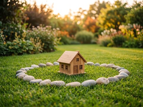 Miniature wooden house surrounded by stone circle