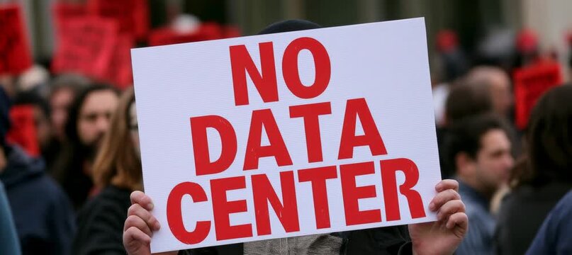 No data center protest sign. Generative video AI technology.	
