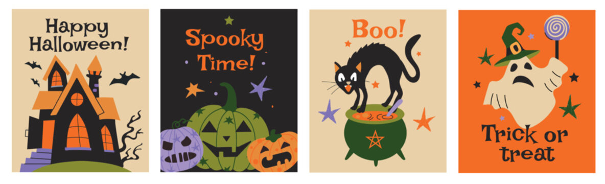 Set of four cute Halloween greeting cards and posters with flat cartoon characters, retro design festive banners with haunted house, spooky jack o lantern pumpkins, black cat, and ghost 
