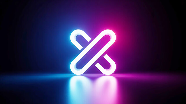 A 3D rendered logo design featuring a glowing neon letter X symbol with vibrant blue and pink futuristic lighting on a dark background