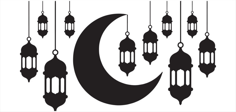 Islamic crescent moon with hanging lanterns silhouette vector for ramadan mubarak vector Illustrator Eps 10