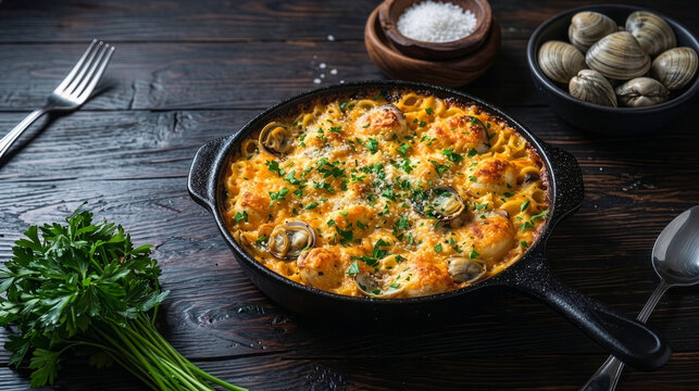 Baked Seafood Macaroni and Cheese with Clams in Cast Iron Skillet