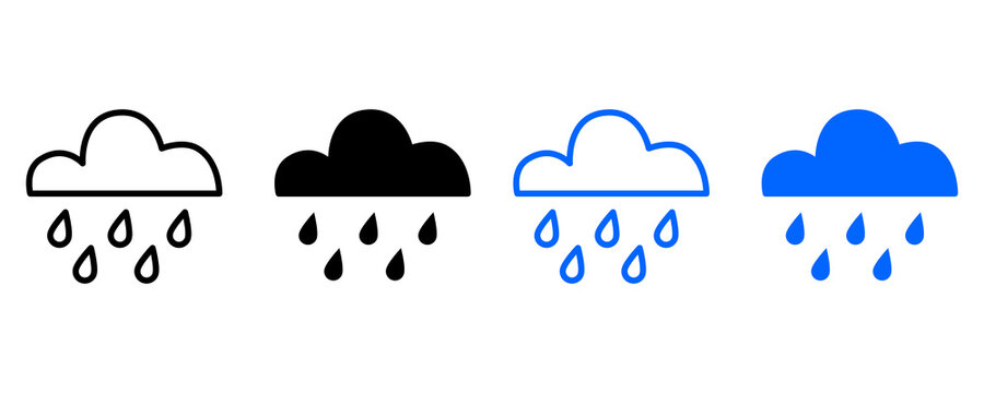 Modern Minimal Rain Cloud Icon Sheet. High Resolution 2D Outline and Solid Weather Forecast UI Icons Collection