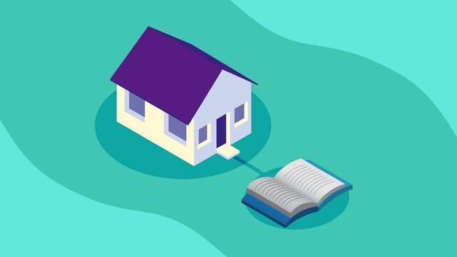A dynamic isometric animation of a house connected to an open book, symbolizing home education and the joy of learning in motion.