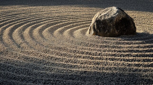 raked. Japanese dry rock garden with a central stone and raked gravel circles. event programs, museum guides, designed for cultural heritage projects and event programs, elevates cultural identity.