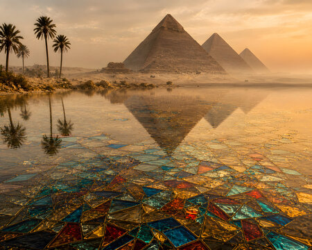 Egyptian Pyramids Reflected In Stained Glass Summer Mirage